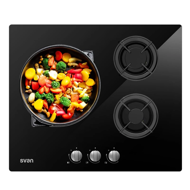 Svan Encimera de Gas SGW3601N. 3 Quemadores, Integrable, Quemador WOK triple llama, Acabado en Cristal negro