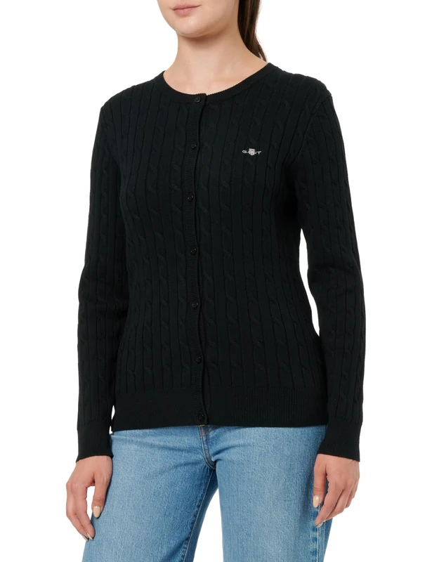 GANT Stretch Cotton Cable Cardigan, Black, M
