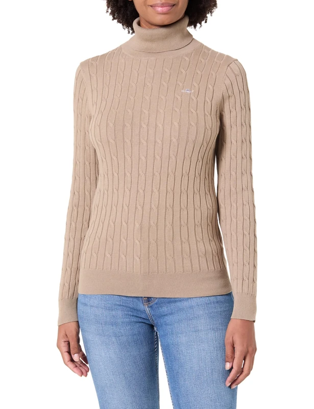GANT Women's Stretch Cotton Cable Turtleneck Pullover, Taupe Beige, M