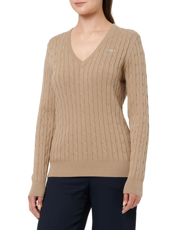 GANT Stretch Cotton Cable V-Neck, Taupe Beige, S
