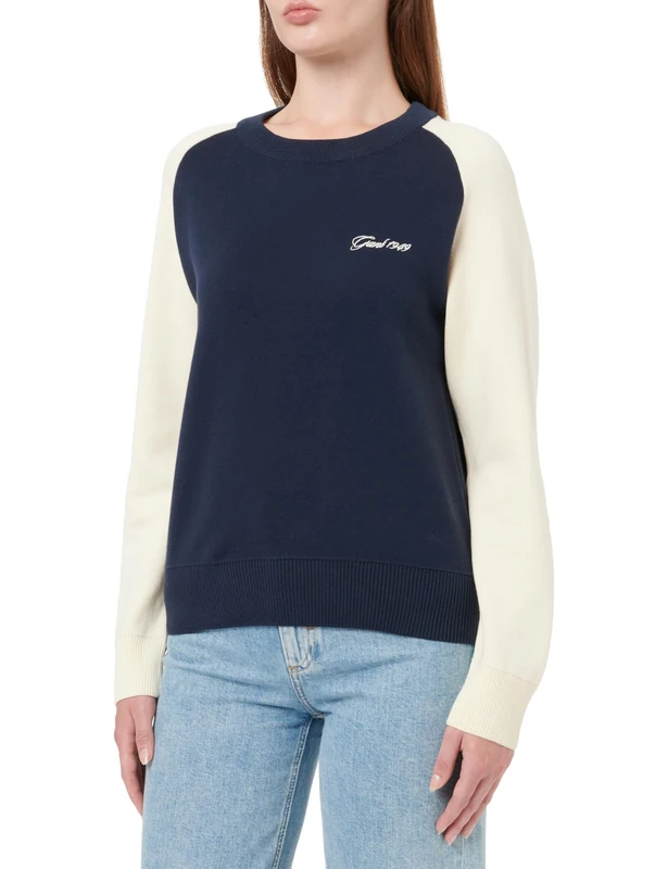 GANT Women's Color Blocked Cotton C-Neck Pullover Sweater, Evening Blue, M