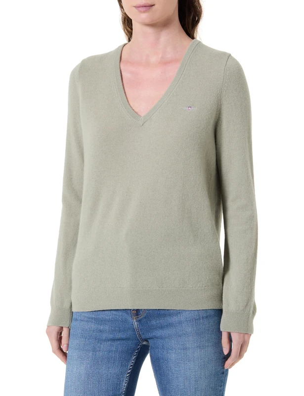 GANT Women's Extrafine Lambswool Blend V-Neck Pullover Sweater, Faded Sage, XXL - Image 1