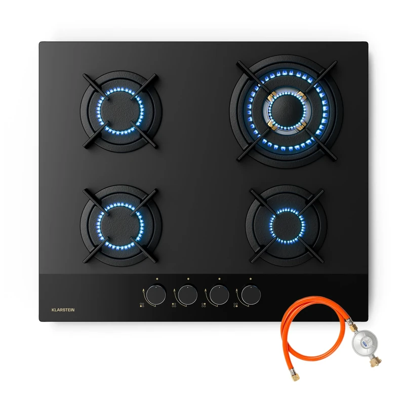 Klarstein Goldflame Nano Gas Hob - 4 Brass Burners, 60cm Glass Surface, 8kW Output, Wok Burner, Nano Coating, Flame Failure Protection, Auto Ignition, NG/LPG Convertible, Black Metal Knobs