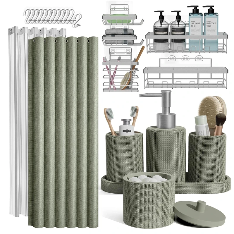 Clara Clark Sage Green Bathroom Set - Bathroom Accessories Set, 24PC Bathroom Accessory Set, Bathroom Sets with Shower Curtain Set, Adhesive Corner Shower Caddy Hanging & Soap Dispenser