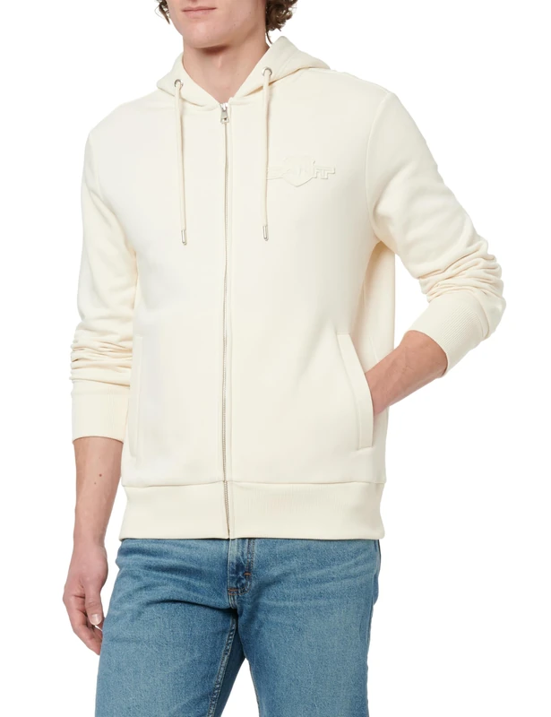 GANT Men's Reg Tonal Shield Full Zip Hoodie Hooded Sweatshirt, Cream, L