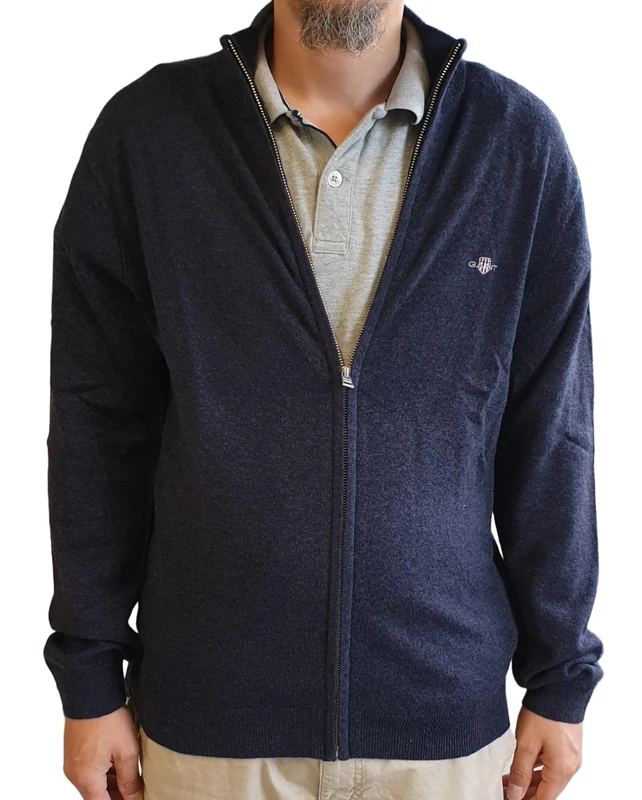 GANT Men's Extrafine Lambswool Zip Cardigan Sweater, Dark Navy Melange, M