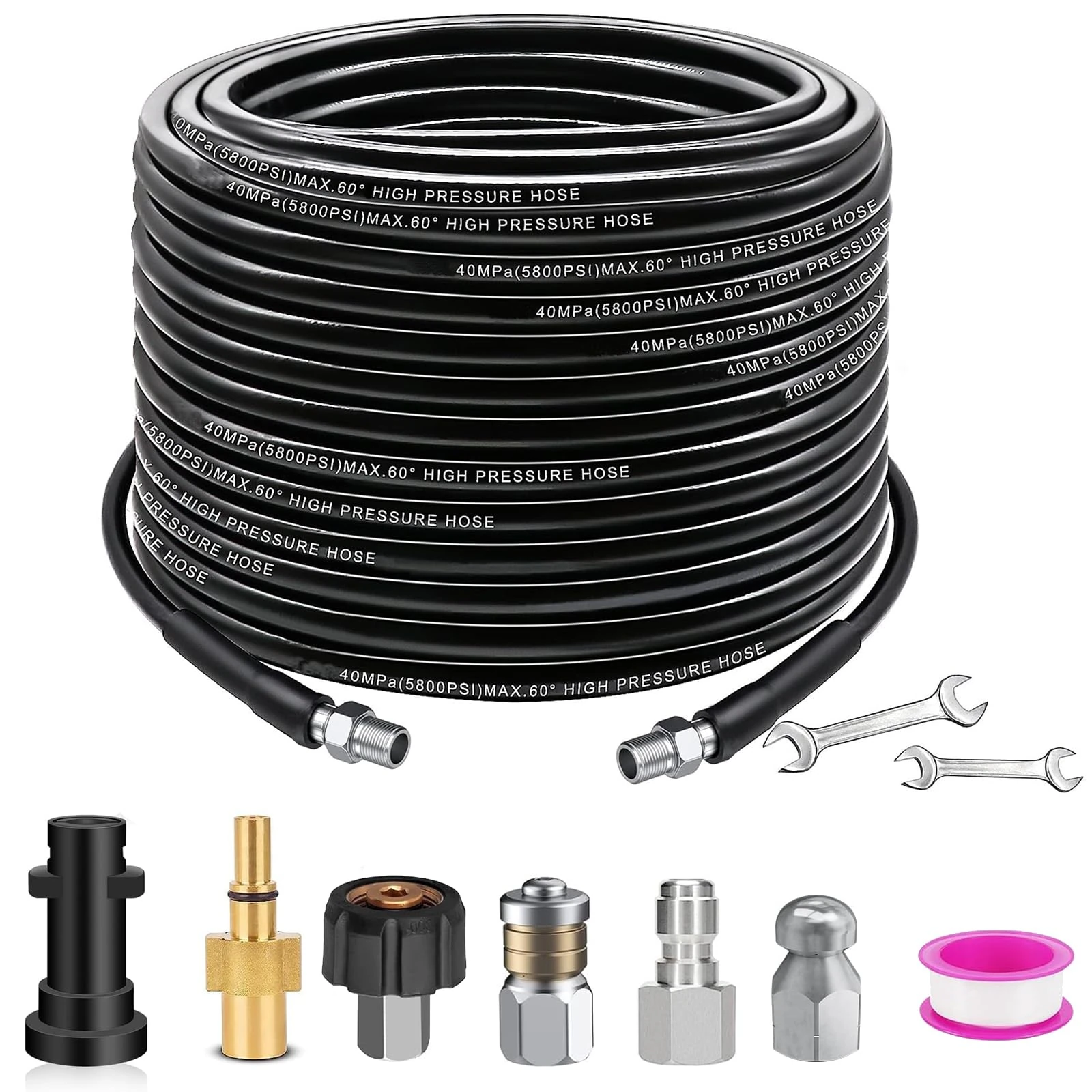 Geichan 30M/100FT High Pressure Drain Hose, Sewer Jetter Kit Pressure Washer Drain Pipe Hose Cleaning Kit Come with Adapters for Karcher K2-K7 Series,Bosch,LAVOR Household Use Pressure Washer