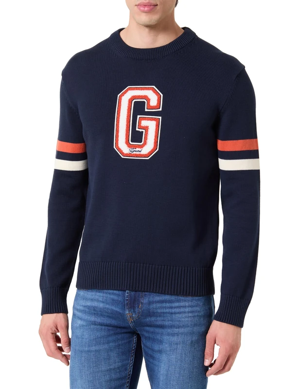 GANT Men's Graphic Badge C-Neck Pullover Sweater, Evening Blue, M