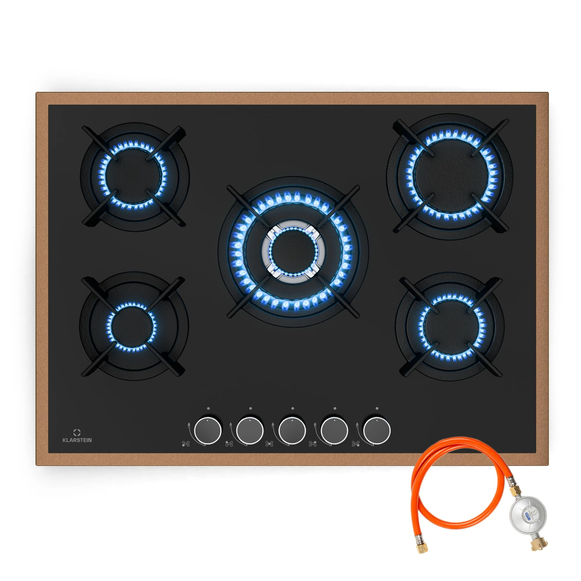 Klarstein Lumiflame Gas Hob, 5-Burner 10.4kW, Copper Frame & Glass Surface, Auto Ignition & FFD Safety, Cast Iron Supports, LPG/Natural Gas Conversion Kit Included