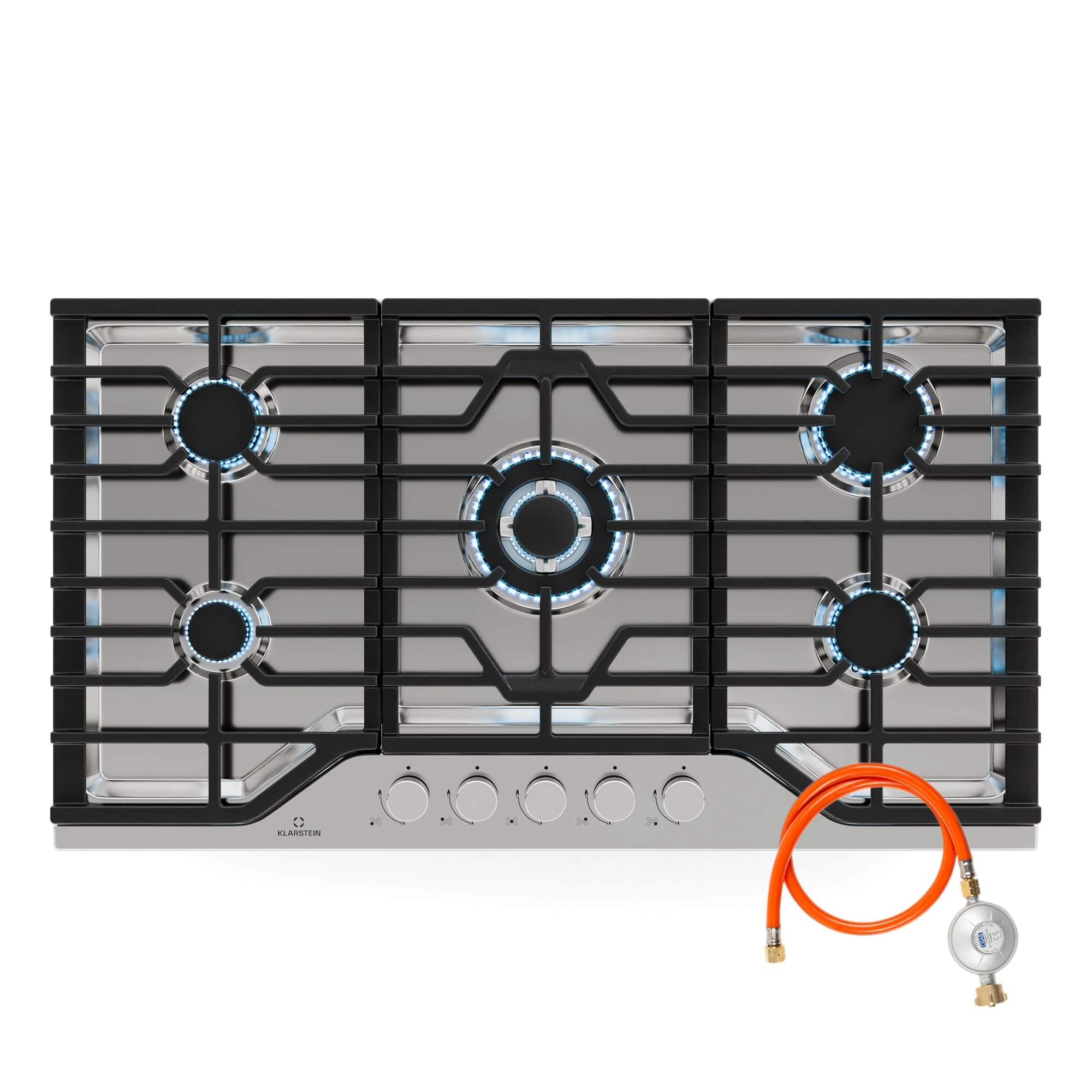 Klarstein Turbocast Gas Hob - 5-Burner Stainless Steel Cooktop, 3.4kW Wok Burner, Cast Iron Pan Holders, Electric Ignition, Safety Shut-Off, LPG Conversion Kit, 910x85x510mm