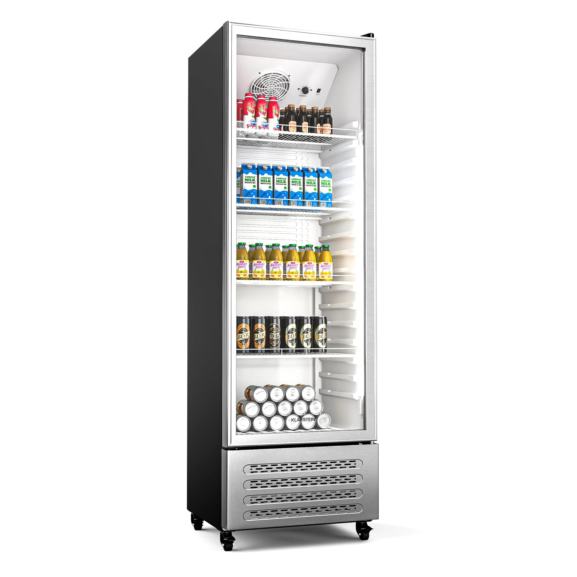 KLARSTEIN GrandCooler 306L Drinks Fridge - Beverage Refrigerator with Double-Glazed Door, Aluminium Door, LED Lighting, 4 Shelves, 0°C to 10°C, 4 Wheels, Energy Class B