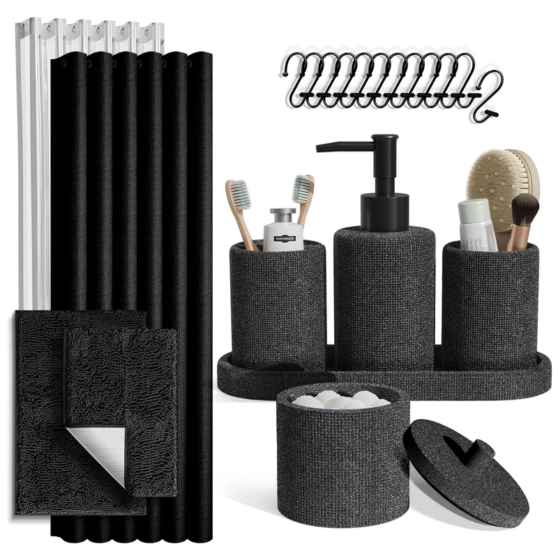 Clara Clark Coal Black Bathroom Set - Bathroom Sets with Shower Curtain and Rugs, 21PC Bathroom Accessory Set, Shower Curtain Set with Soap Dispenser & Toothbrush Holder