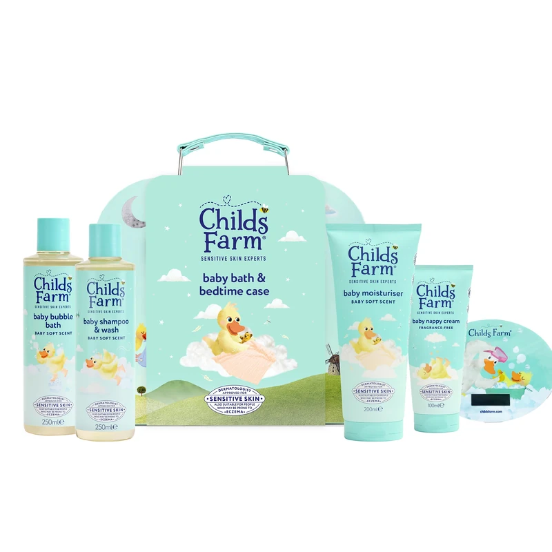 Childs Farm Baby Suitcase Gift | Baby Bubble Bath (250ml), Shampoo & Body Wash (250ml), Moisturiser (200ml) & Nappy Cream (100ml) | Suitable for Newborns with Sensitive, Dry, Itchy Skin