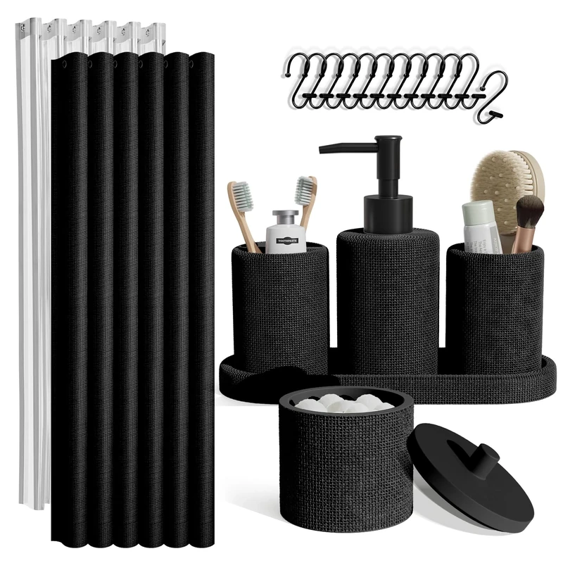Clara Clark Bathroom Set - Black Bathroom Accessories Set, 19PC Bathroom Accessory Set, Bathroom Sets with Shower Curtain Set, Soap Dispenser & Toothbrush Holder