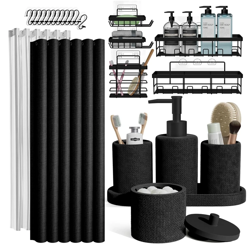 Clara Clark Bathroom Set - Black Bathroom Accessories Set, 24PC Bathroom Accessory Set, Bathroom Sets with Shower Curtain Set, Adhesive Corner Shower Caddy Hanging & Soap Dispenser
