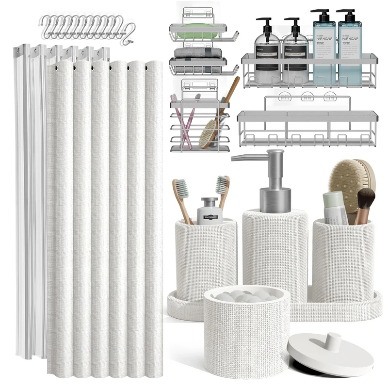 Clara Clark Bathroom Set - White Bathroom Accessories Set, 24PC Bathroom Accessory Set, Bathroom Sets with Shower Curtain Set, Adhesive Corner Shower Caddy Hanging & Soap Dispenser