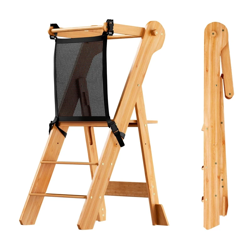 COSYLAND Foldable Toddler Step Stool with Protective Mesh - Height Adjustable Toddler Standing Tower - Space Saving Wooden Kitchen Stool Helper for Kids (Natural)