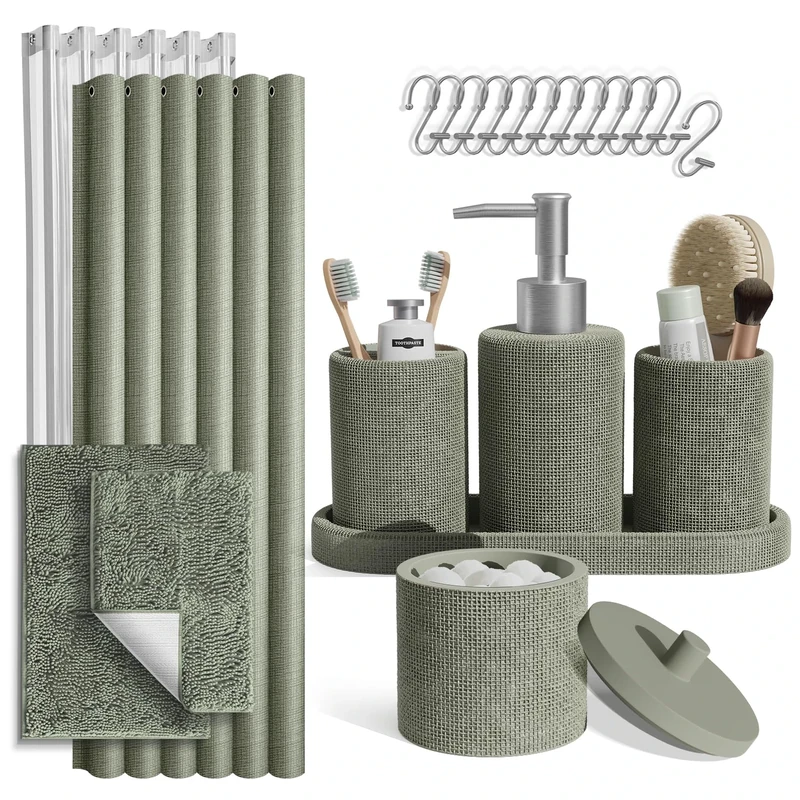 Clara Clark Sage Green Bathroom Set - Bathroom Sets with Shower Curtain and Rugs, 21PC Bathroom Accessory Set, Shower Curtain Set with Soap Dispenser & Toothbrush Holder