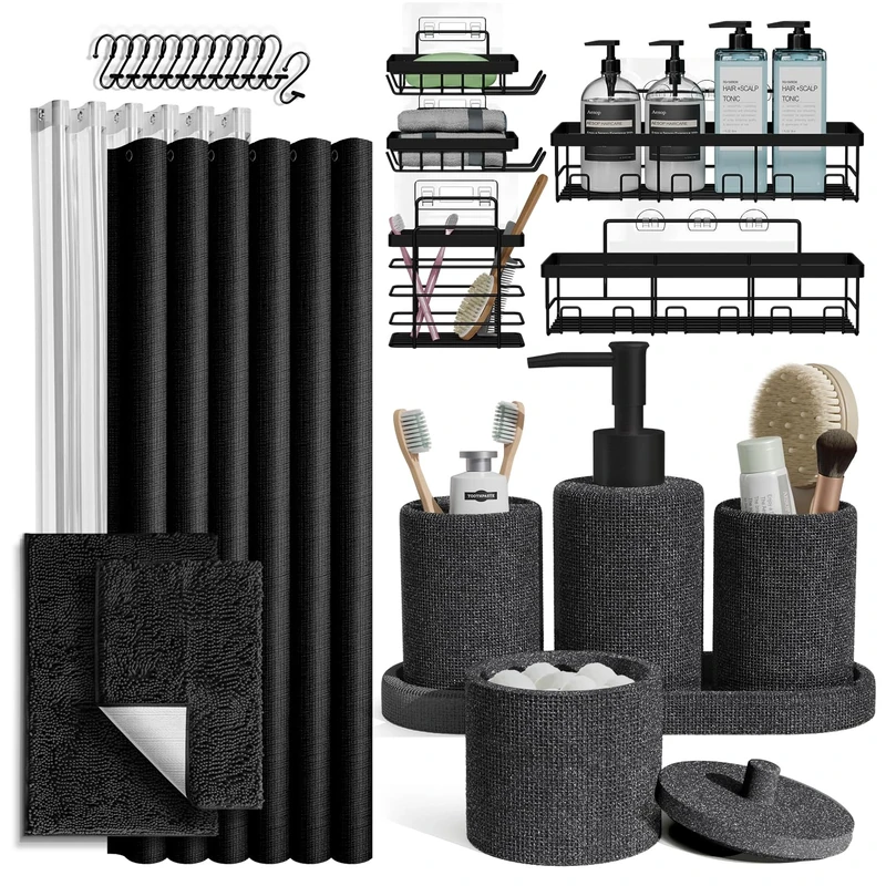 Clara Clark Coal Black Bathroom Set - Bathroom Sets with Shower Curtain and Rugs, 26PC Bathroom Accessory Set, Shower Curtain Set with Adhesive Corner Shower Caddy Hanging & Soap Dispenser