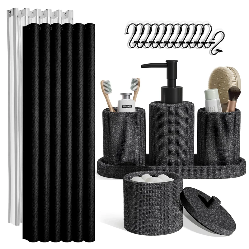 Clara Clark Bathroom Set - Coal Black Bathroom Accessories Set, 19PC Bathroom Accessory Set, Bathroom Sets with Shower Curtain Set, Soap Dispenser & Toothbrush Holder
