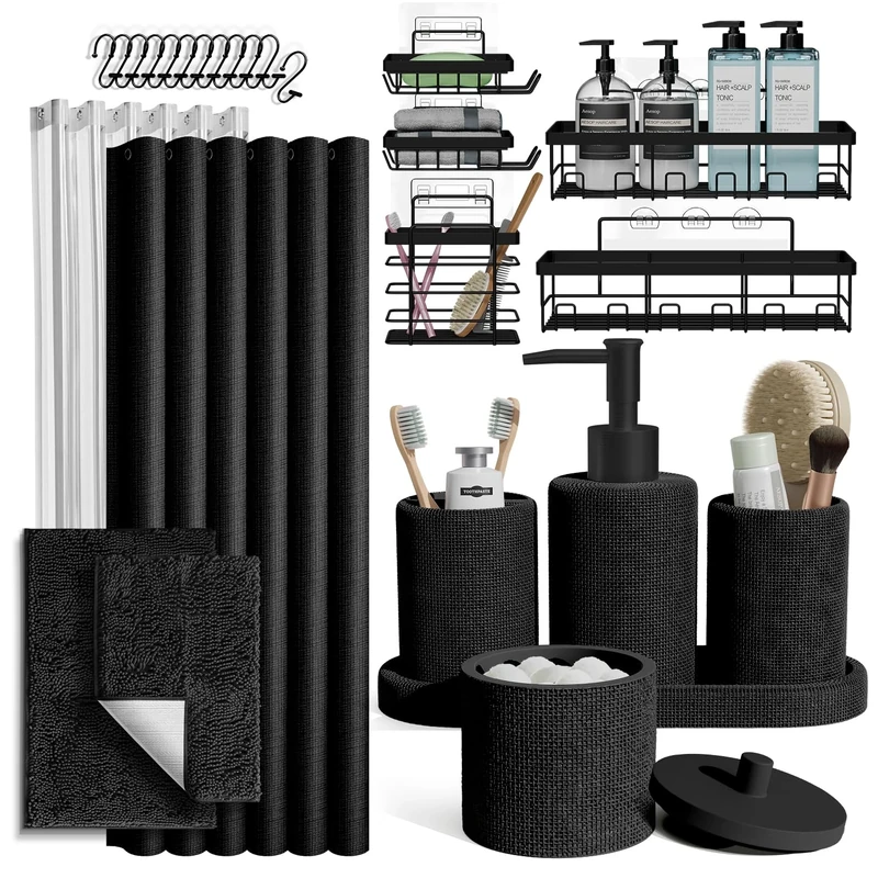 Clara Clark Black Bathroom Set - Bathroom Sets with Shower Curtain and Rugs, 26PC Bathroom Accessory Set, Shower Curtain Set with Adhesive Corner Shower Caddy Hanging & Soap Dispenser