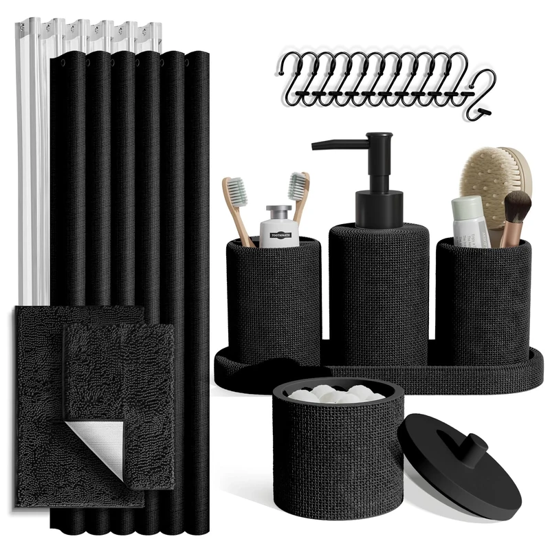 Clara Clark Black Bathroom Set - Bathroom Sets with Shower Curtain and Rugs, 21PC Bathroom Accessory Set, Shower Curtain Set with Soap Dispenser & Toothbrush Holder