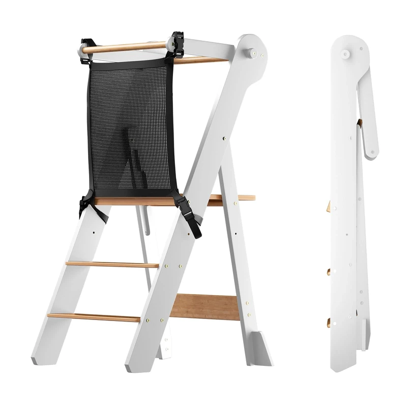 COSYLAND Foldable Toddler Standing Tower with Safety Net - Height Adjustable Folding Kid Kitchen Step Stool Helper for Learning and Cooking - Ages 18 Months to 6 Years (Natural & White)