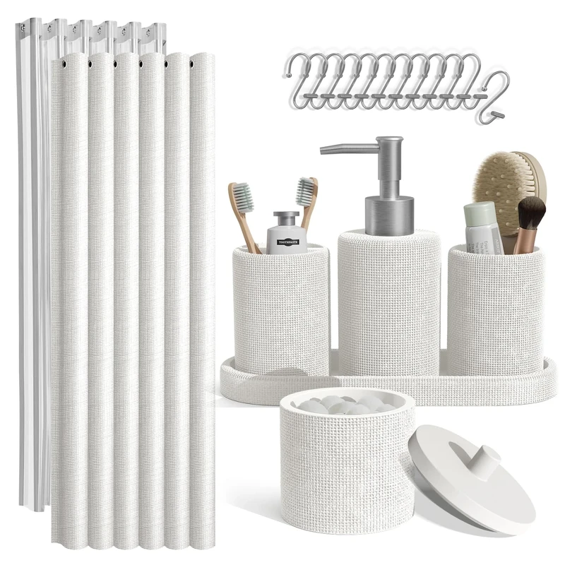 Clara Clark White Modern Bathroom Accessory Set, 19PC - Soap Dispenser, Toothbrush Holder, Shower Curtain Set