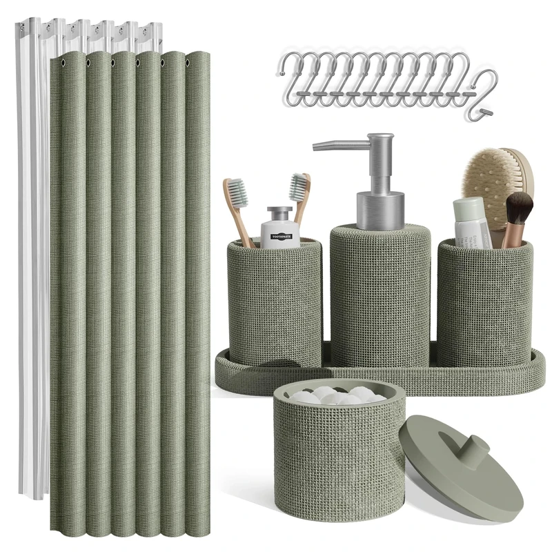 Clara Clark Sage Green Bathroom Set - Bathroom Accessories Set, 19PC Bathroom Accessory Set, Bathroom Sets with Shower Curtain Set, Soap Dispenser & Toothbrush Holder