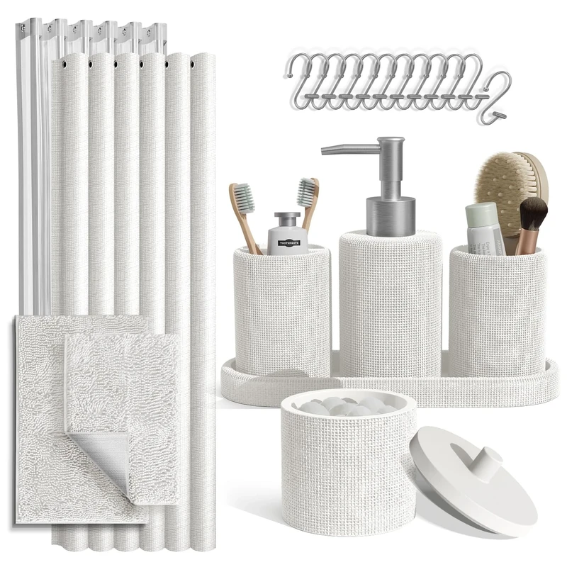 Clara Clark White Bathroom Set - Bathroom Sets with Shower Curtain and Rugs, 21PC Bathroom Accessory Set, Shower Curtain Set with Soap Dispenser & Toothbrush Holder