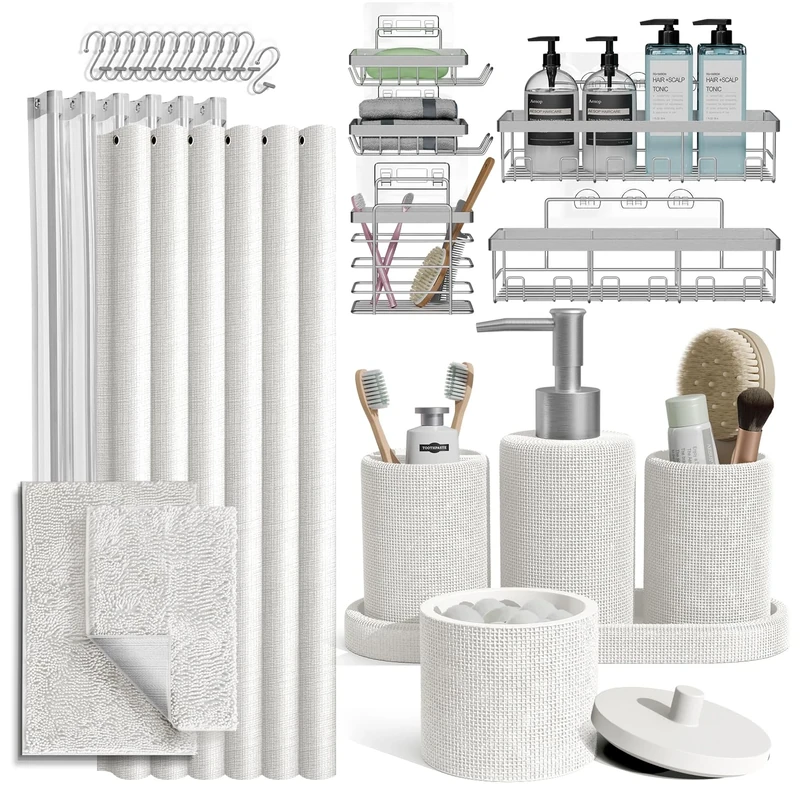 Clara Clark White Bathroom Set - Bathroom Sets with Shower Curtain and Rugs, 26PC Bathroom Accessory Set, Shower Curtain Set with Adhesive Corner Shower Caddy Hanging & Soap Dispenser