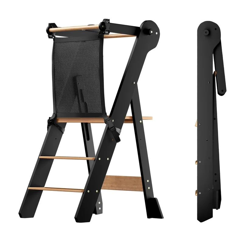 COSYLAND Foldable Toddler Step Stool for Kitchen - Space Saving Toddler Kitchen Stool Helper with Protective Net - Height Adjustable Kids Standing Tower with Stabilizing Block (Black & Natural)