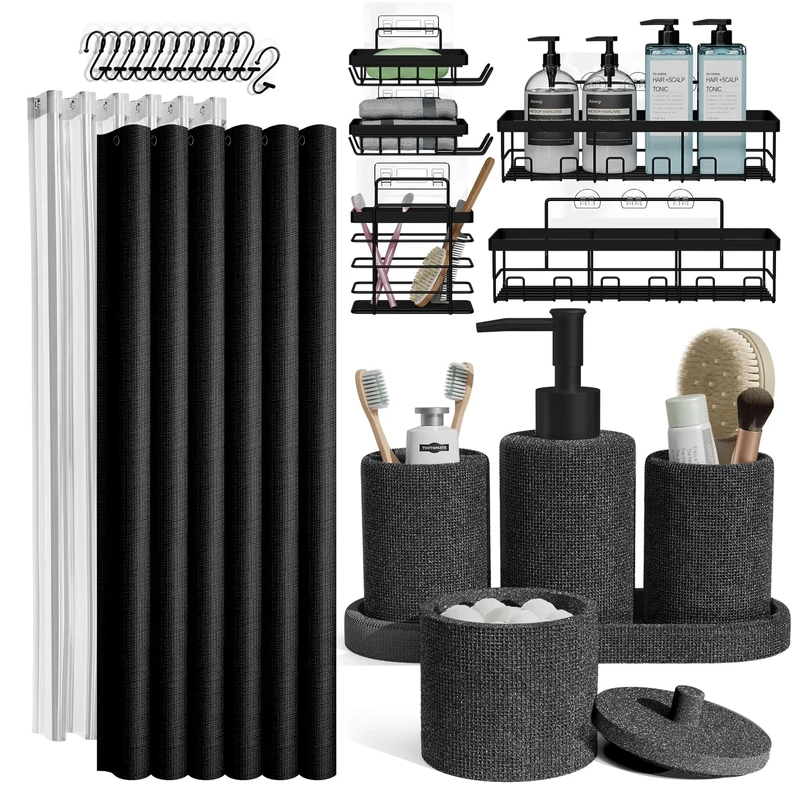 Clara Clark Bathroom Set - Coal Black Bathroom Accessories Set, 24PC Bathroom Accessory Set, Bathroom Sets with Shower Curtain Set, Adhesive Corner Shower Caddy Hanging & Soap Dispenser