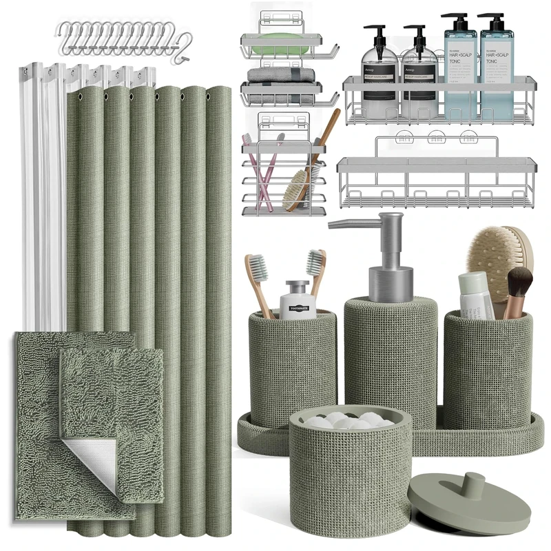 Clara Clark Sage Green Bathroom Set - 26PC Rustic Polyresin Accessory Set with Shower Curtain, Rugs & Adhesive Corner Shower Caddy