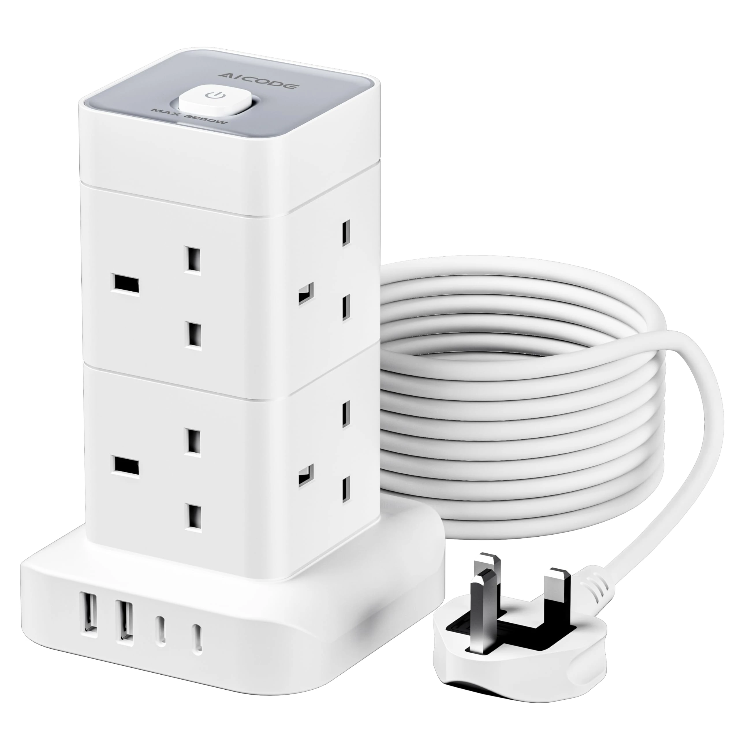 Tower Extension Lead 3M with 4 USB Slots,AICODE 8 Way Multi Plug Extension Socket Tower,2 USB-A & 2 USB-C,Overload Protected Extension Cable with Switch,Power Strip for Home Office Kitchen