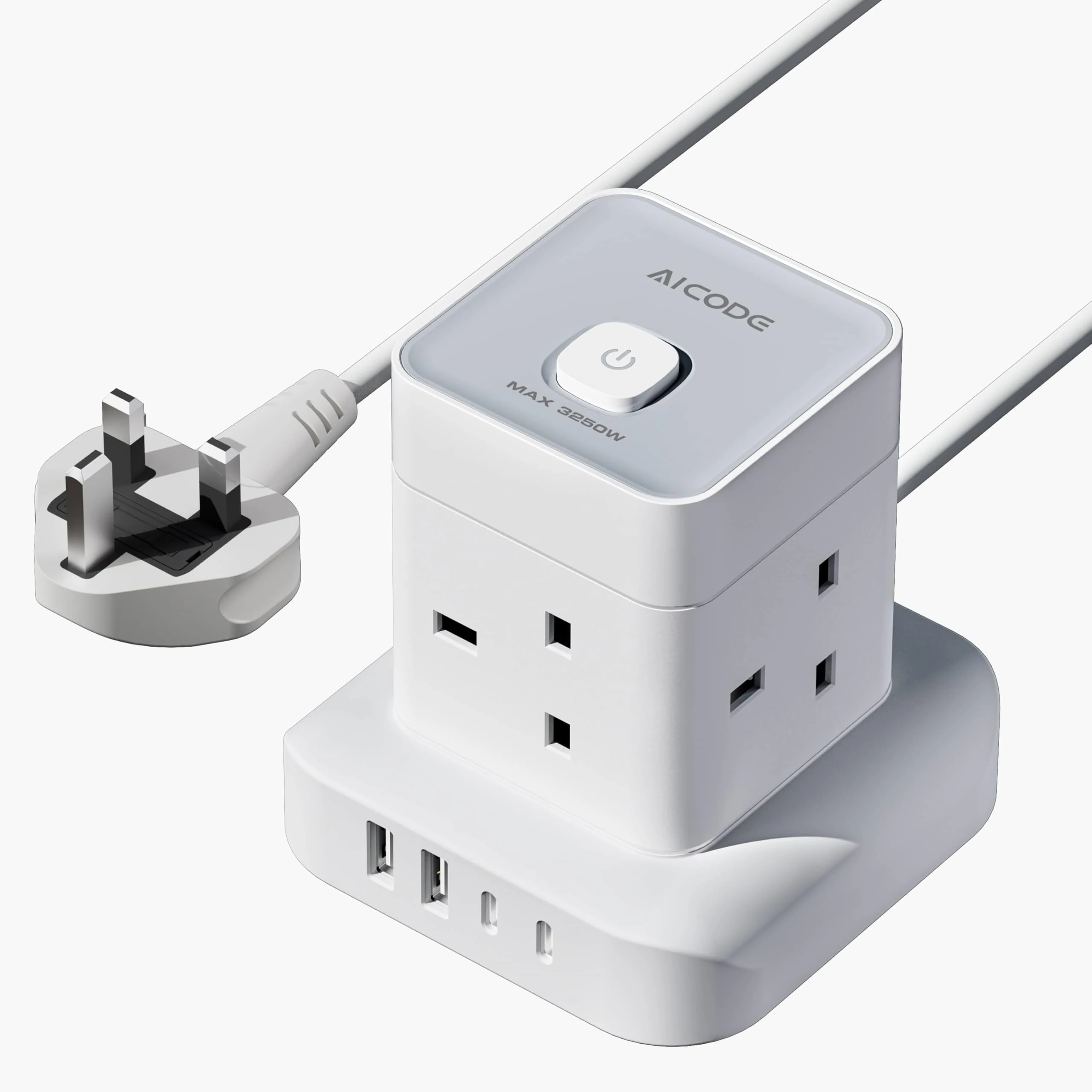 AICODE Cube Extension Lead with USB Slots,4 Way Multi Plug Extension Socket Tower with 2 USB C & 2 USB A Ports,Surge Protected Extension Lead with Switch,2M Extension Cable for Home Office Kitchen