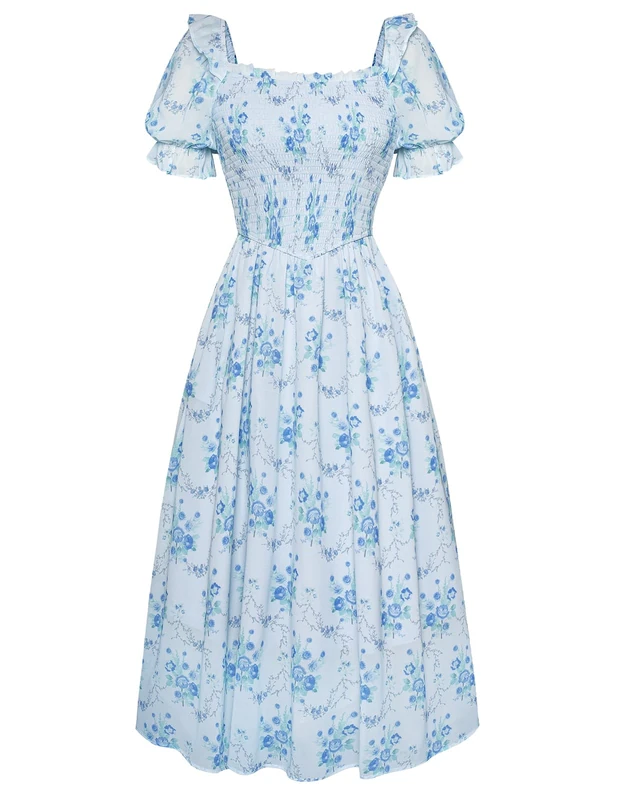 SCARLET DARKNESS Women's Cottagecore Dress Puff Sleeve Square Neck Flowy Smocked Maxi Dress, Blue Rose, XXL