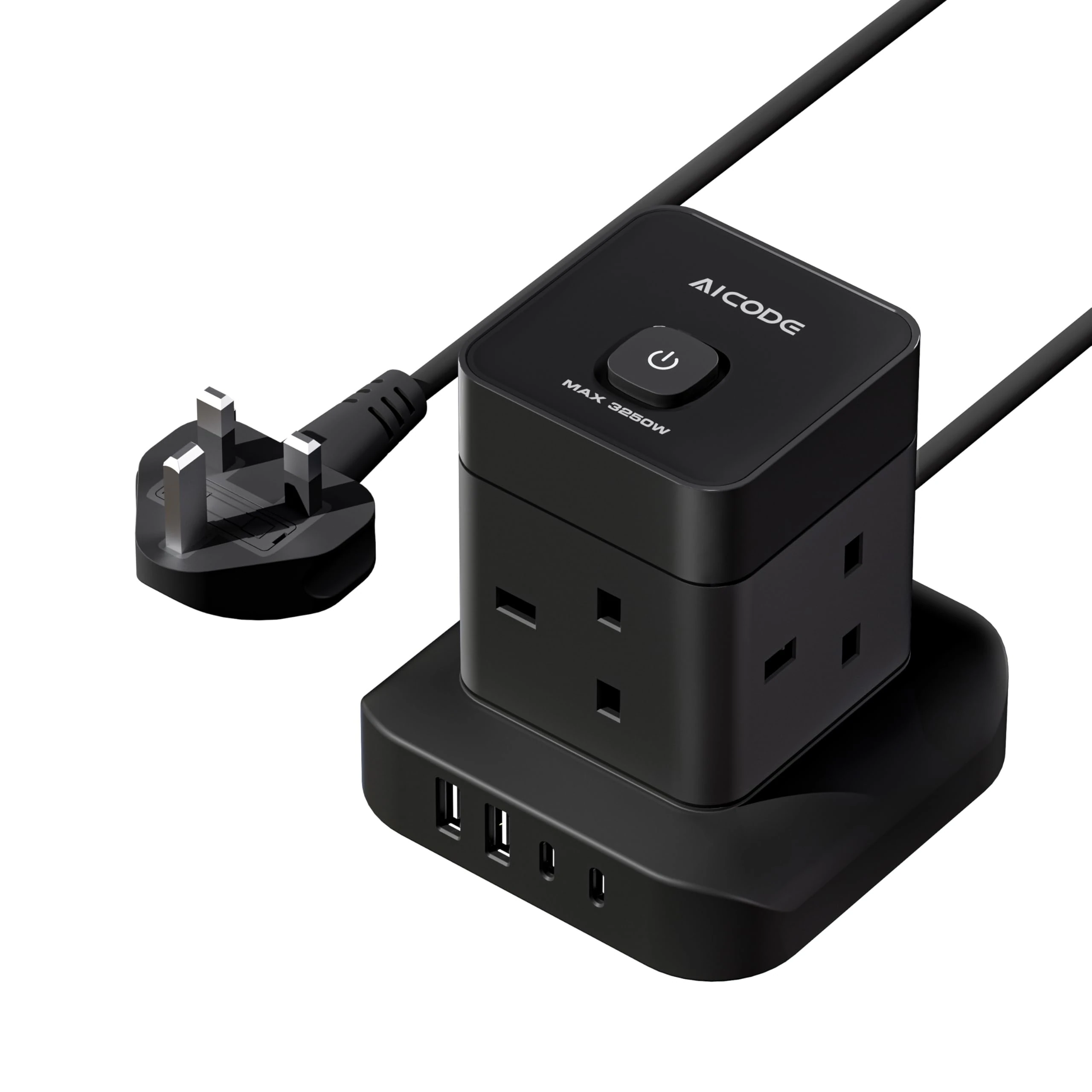 AICODE Cube Extension Lead with USB Slots,4 Way Extension Lead,2 USB C and 2 USB A Ports,2M Extension Cable,Overload Protected Extension Tower Black,Switch,Multi Plug Adapter Socket for Home,Office
