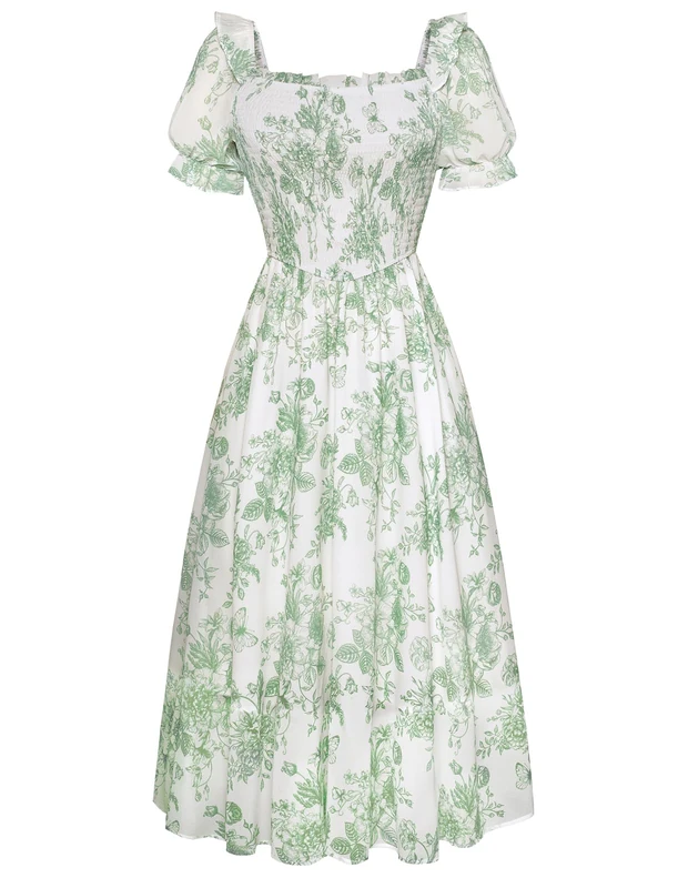 SCARLET DARKNESS Women's Cottagecore Dress Puff Sleeve Square Neck Flowy Smocked Maxi Dress, Green Garden, L