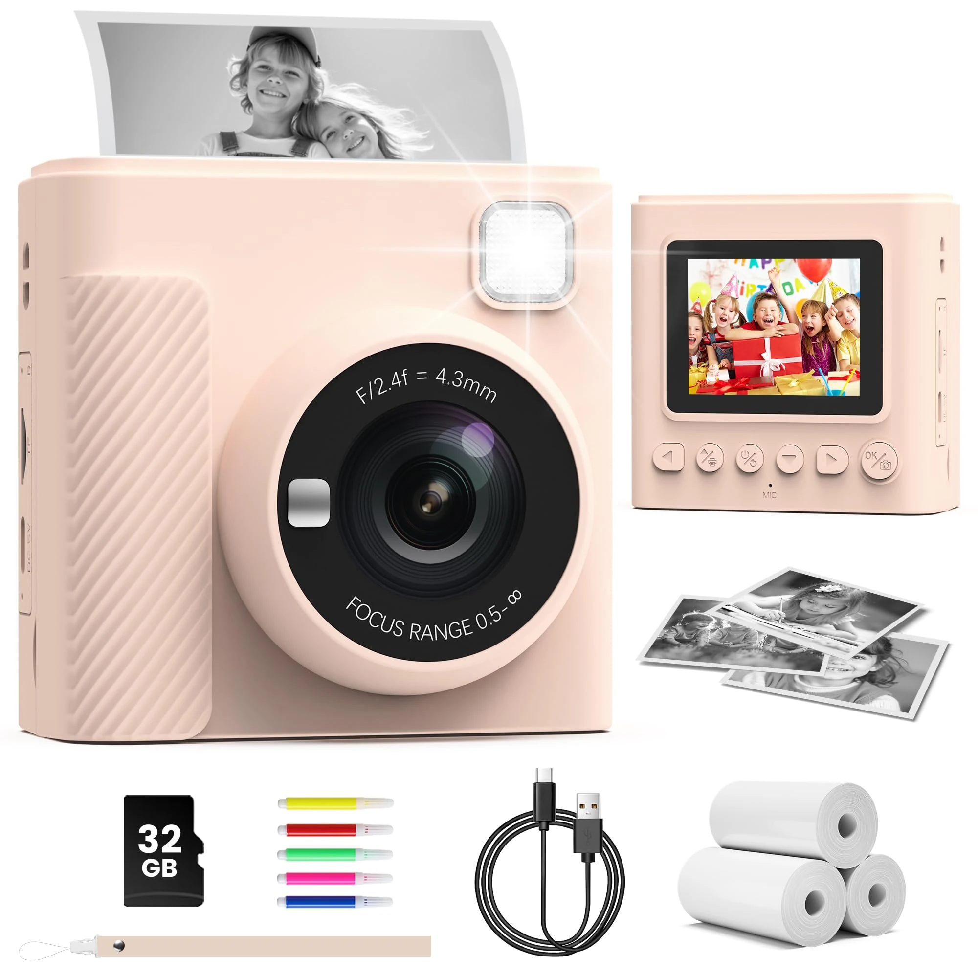 TIATUA Kids Camera Instant Print, 2.4'' Instant Camera for Kids with 32G Card & Print Photo Paper, 1080P Video Kids Digital Toy, Christmas Birthday Gifts for Boys Age 3-12 Years Old (Brown)