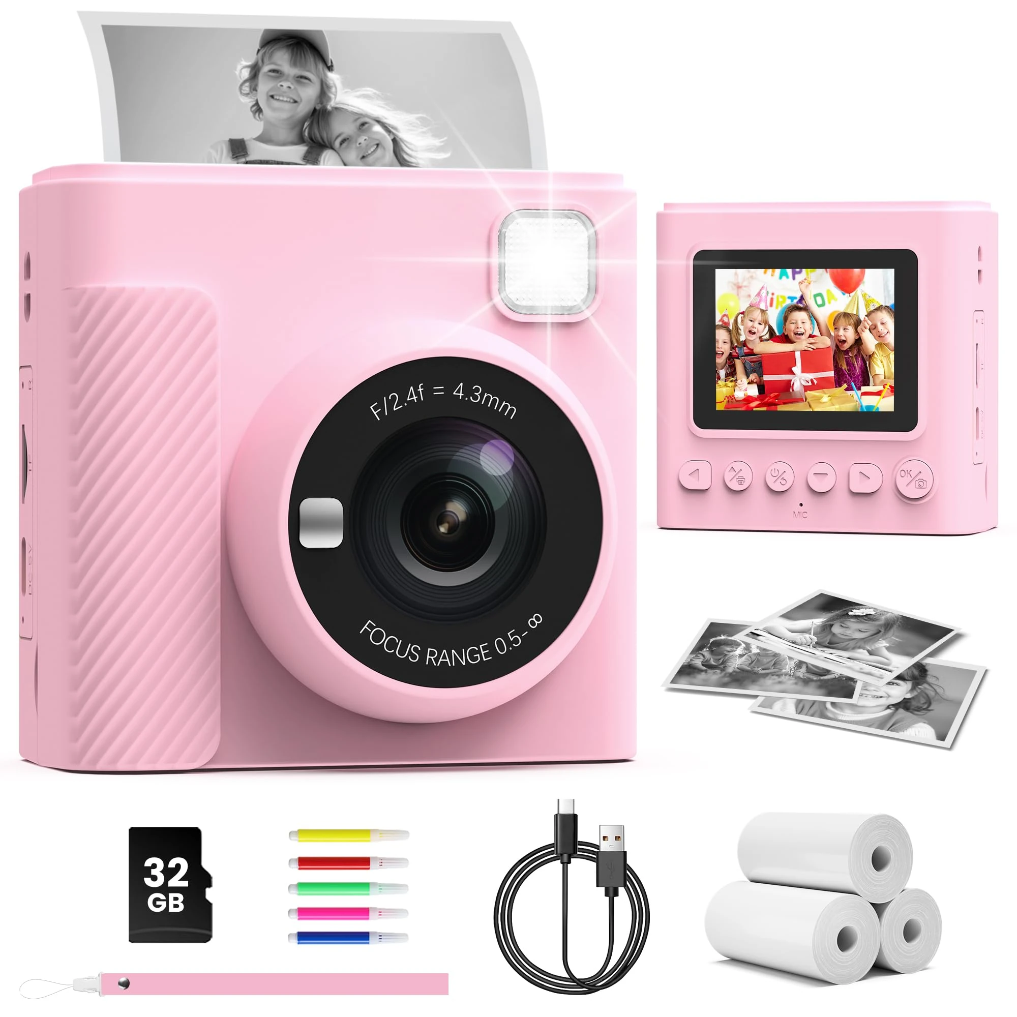 TIATUA Kids Camera Instant Print, 2.4'' Instant Camera for Kids with 32G Card & Print Photo Paper, 1080P Video Kids Digital Toy, Christmas Birthday Gifts for Boys Age 3-12 Years Old (Pink)