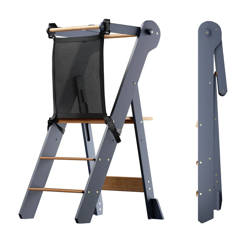 COSYLAND Foldable Toddler Step Stool for Kitchen - Space Saving Toddler Kitchen Stool Helper with Protective Net - Height Adjustable Kids Standing Tower with Stabilizing Block (Grey & Natural)