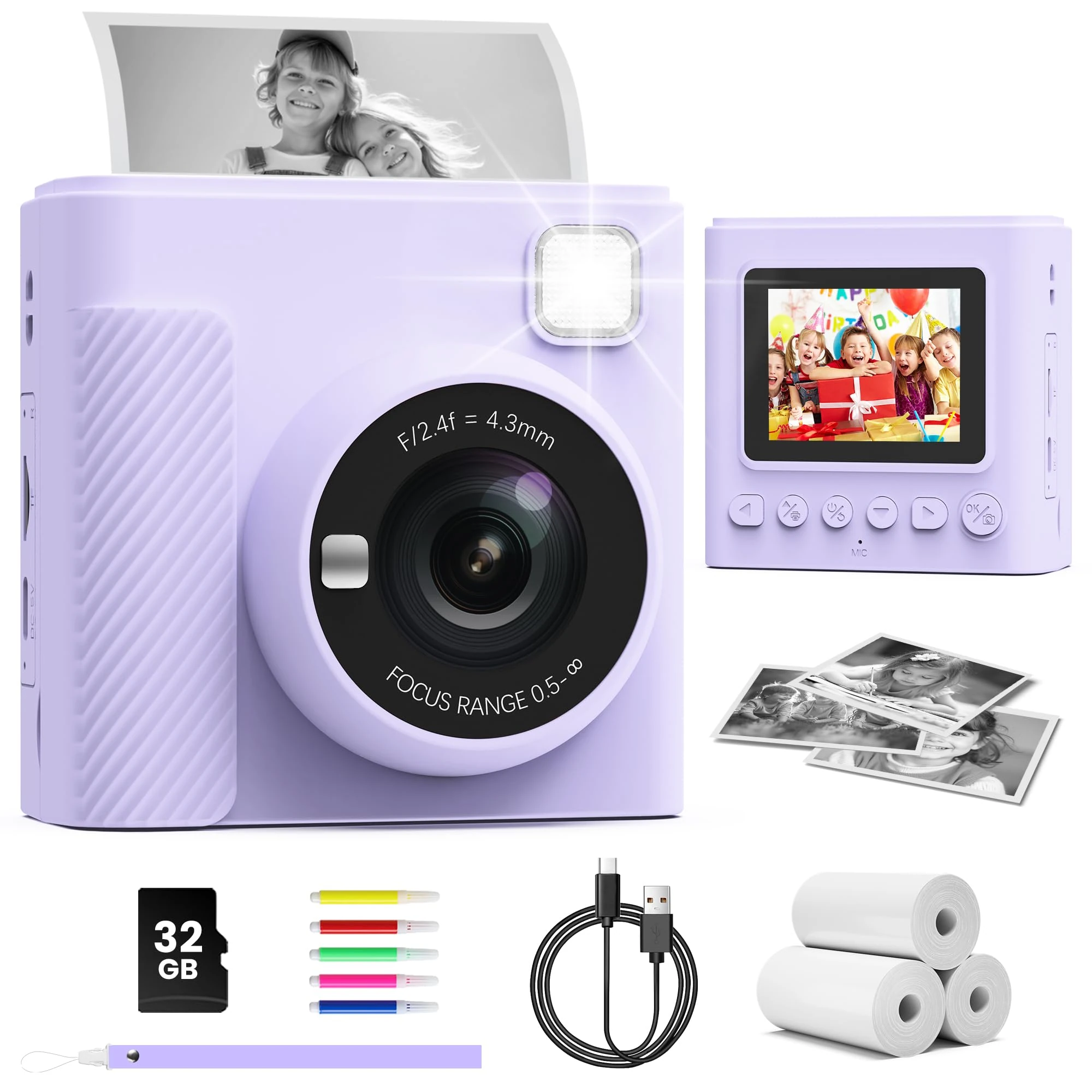 TIATUA Kids Camera Instant Print, 2.4'' Instant Camera for Kids with 32G Card & Print Photo Paper, 1080P Video Kids Digital Toy, Christmas Birthday Gifts for Boys Age 3-12 Years Old (Purple)