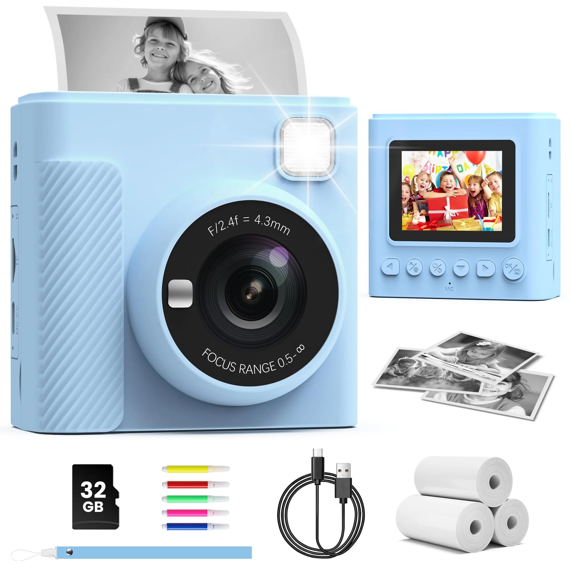 TIATUA Kids Camera Instant Print, 2.4'' Instant Camera for Kids with 32G Card & Print Photo Paper, 1080P Video Kids Digital Toy, Christmas Birthday Gifts for Boys Age 3-12 Years Old (Blue)