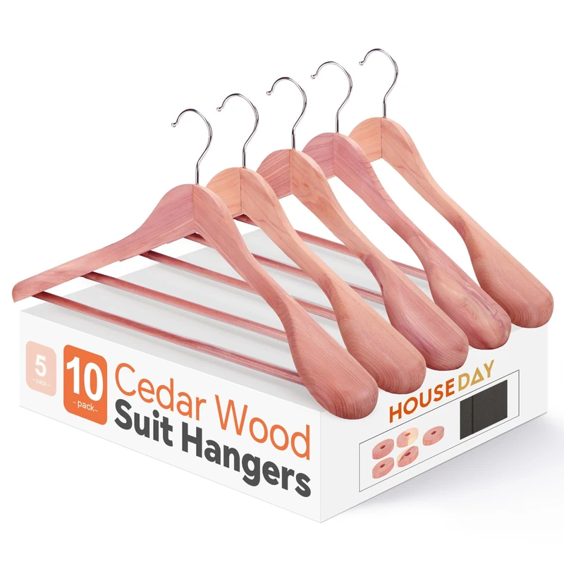 HOUSE DAY Wide Shoulder Cedar Hangers for Suits and Coats with Non Slip Pant Bar,360° Swivel Hook, Smooth Finish Cedar Wood Hangers for Closet, Closet Essentials, 10 Pack