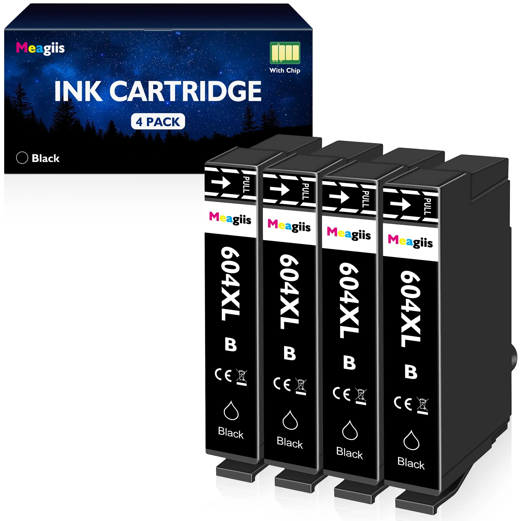 Meagiis for 604XL Black Ink Cartridges Compatible for Epson for 604XL Black for Epson XP-2200 XP-2205 XP-3200 XP-3205 XP-4200 XP-4205 WF-2910DWF WF-2930DW WF-2935DWF WF-2950DWF (4 Black)