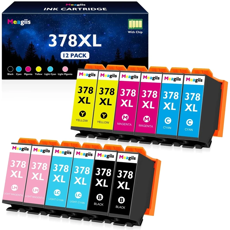 Meagiis 378XL Ink Cartridges Compatible for Epson 378 XL Ink Cartridges Multipack Compatible for Epson Expression Photo XP-8700 XP-8000 XP-8500 XP-8505 XP-8600 XP-8605 XP-15000 XP-8005 (12 Packs)