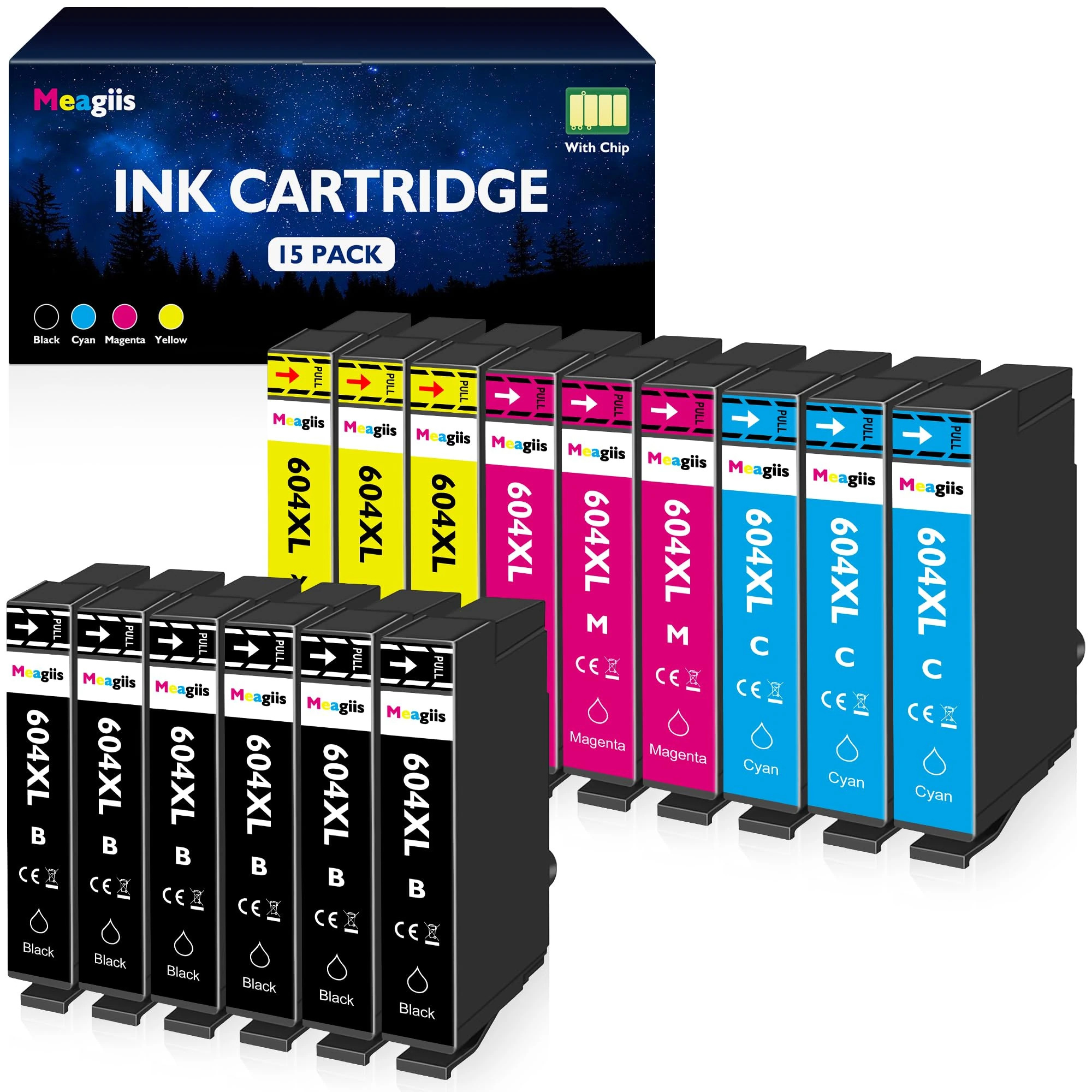 Meagiis for 604XL Ink Cartridges Compatible for Epson for 604XL for XP-2200 XP-2205 XP-3200 XP-3205 XP-4200 XP-4205 WF-2910DWF WF-2930DW WF-2935DWF WF-2950DWF (6 Black, 3 Yellow, 3 Cyan, 3 Magenta)