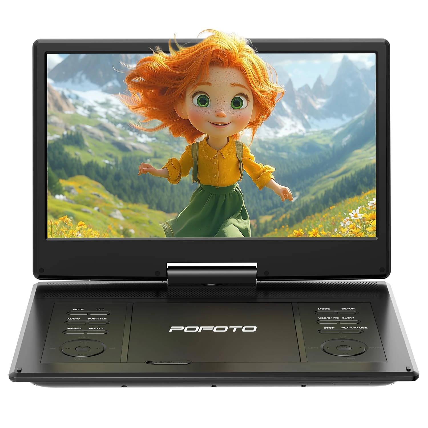POFOTO 15.7'' Portable DVD Player with 14.1" HD Swivel Screen, 6-Hour Rechargeable Battery, Support Multiple Disc Formats/USB/SD Card, Region-Free, TV/Projector Sync, Shockproof, High Volume Speaker