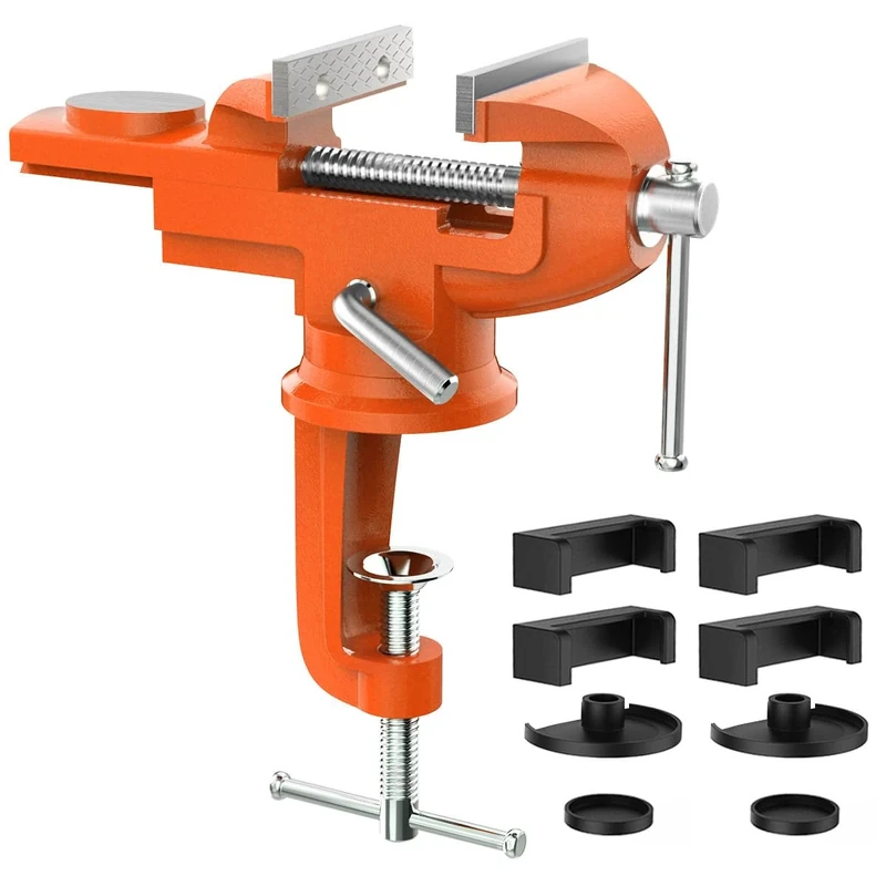Housolution Universal Table Vise 3 Inch With 360° Swivel Base Bench Clamp-On for Woodworking, Cutting Conduit, Drilling, Metalworking - Orange